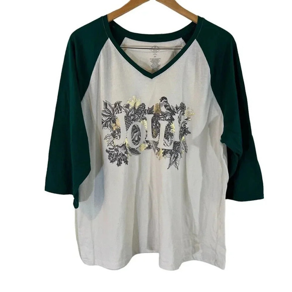 St. Johns Bay Christmas T Shirt Plus 2X Raglan Birds Gold Pinecone Jolly V Neck - Picture 1 of 5